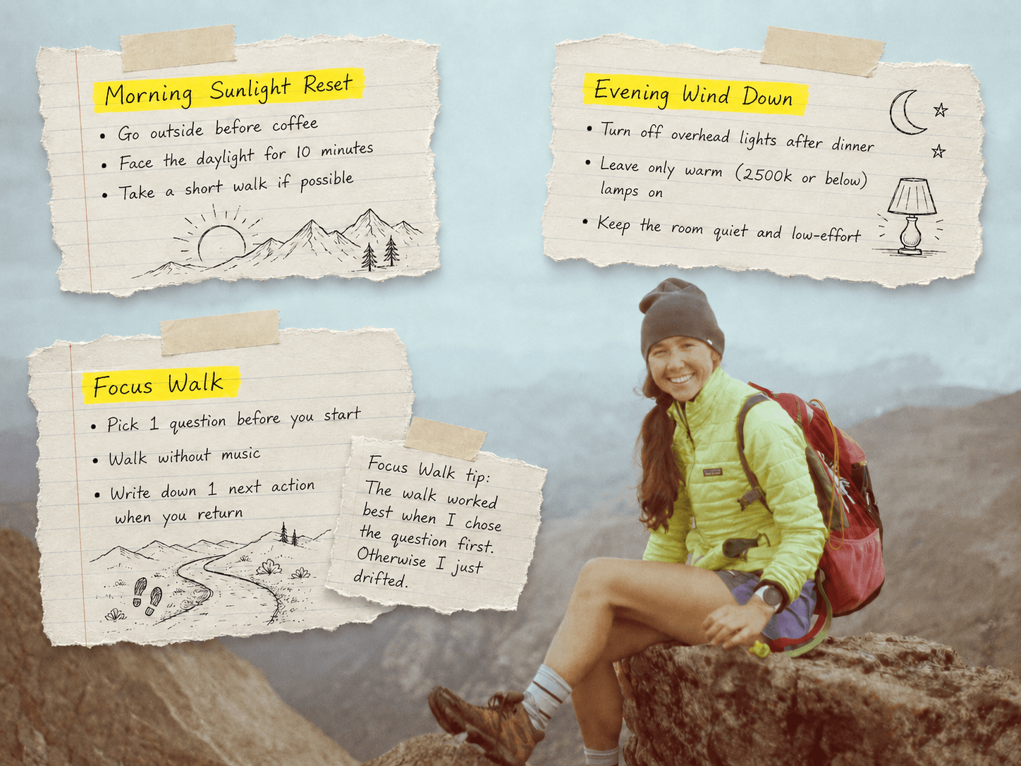 A field-guide spread: a smiling hiker resting on a mountain ridge, framed by hand-drawn annotations about small daily wellness choices (morning sunlight, hydration, evening wind-down) and a sticky note that reads ‘Wellness is small daily choices that add up.’